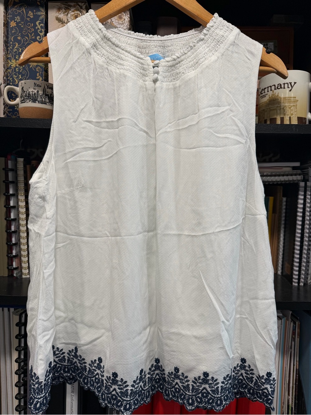 Draper James White Sleeveless Top with Navy Embroidered Hem